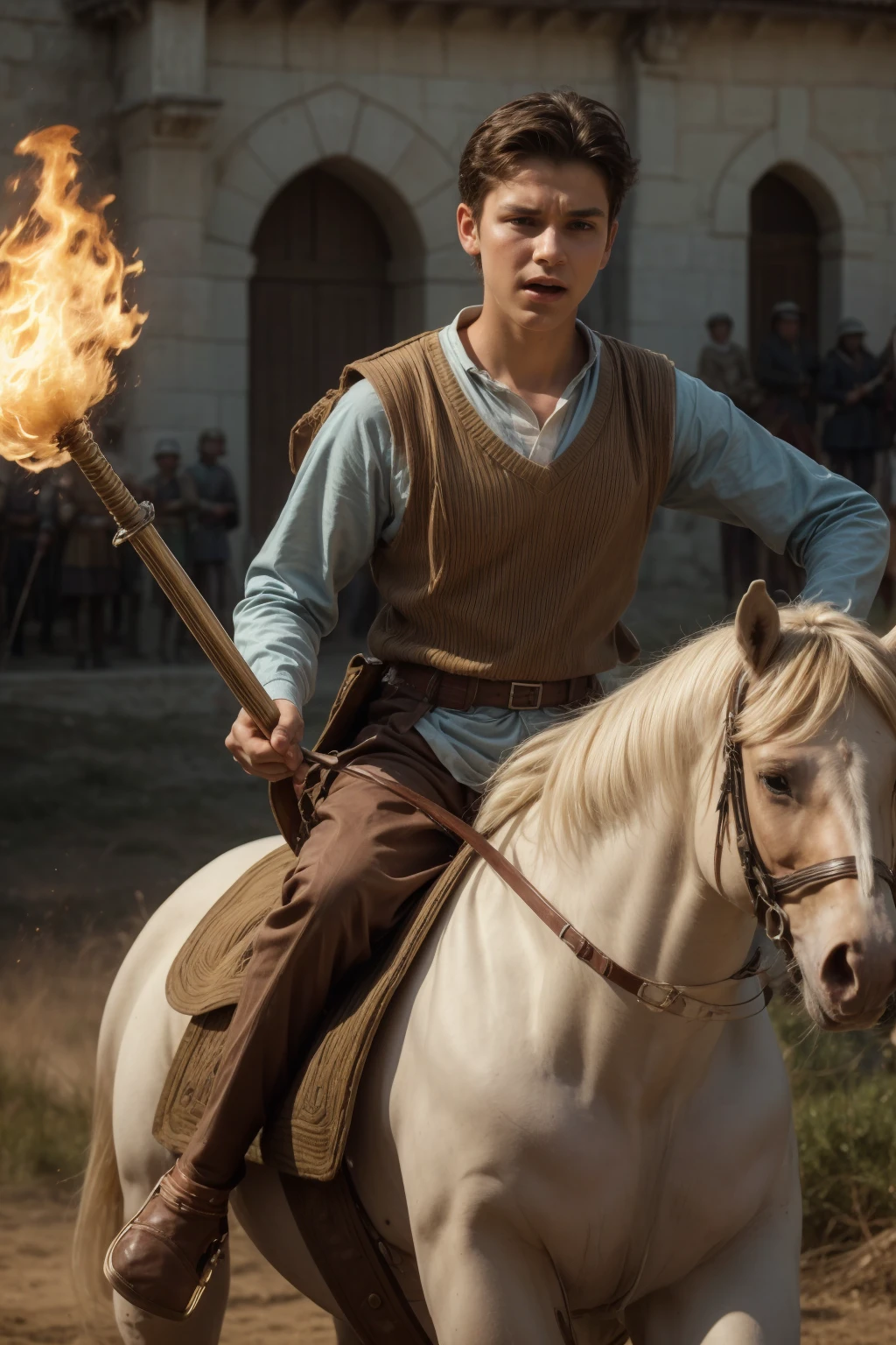 A young male twink, 18 years old, with a cute angel face, with makeup and black hair, wearing a medieval shirt with ties, a v-neck, and long sleeves, aquamarine in color, and white medieval pants. He is on the battlefield, riding on a horse, carrying a sword, and  A shield with a burning fire behind it, and he looks angrily as if a horse is galloping