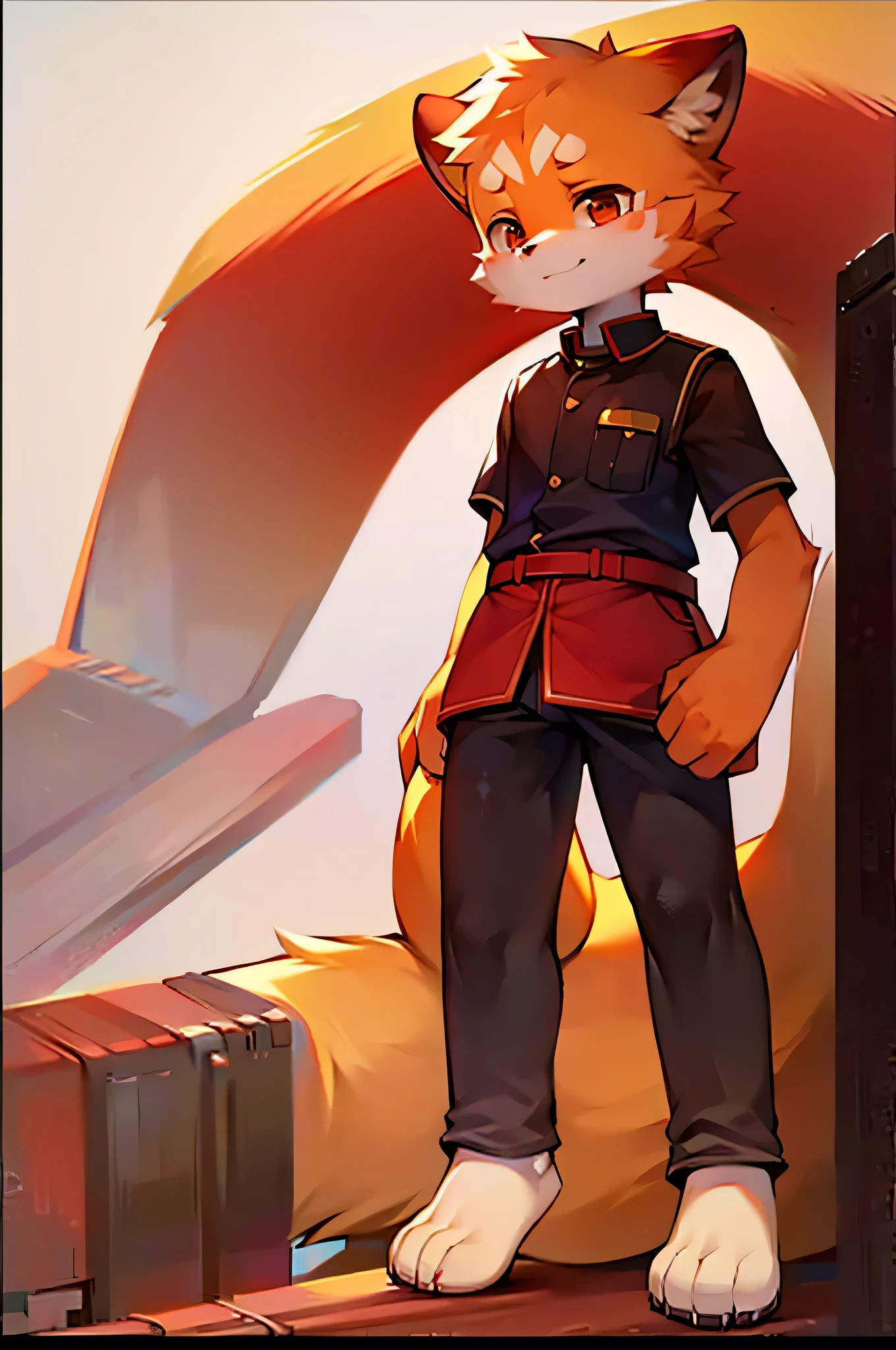 Red Panda Boy,8k resolution,Furry,          Uniform attire,Red collar,Two legs,Stand on your feet！                   towering,lanky,lanky,：slim body,：tall