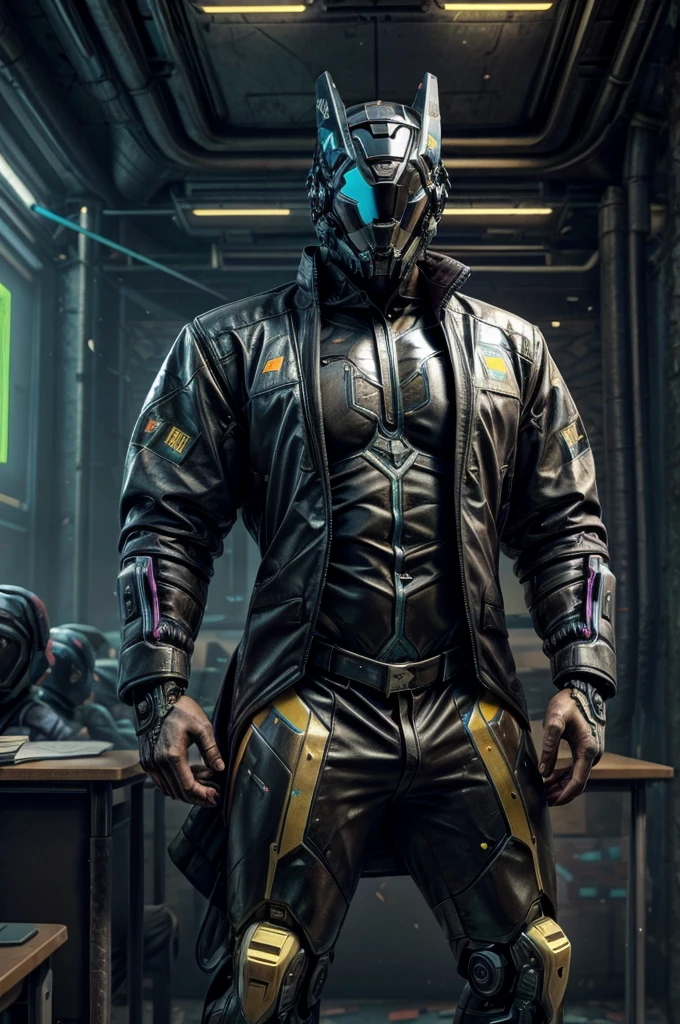 male, (muscular, full nude, only Glowing cyberpunk future helmet, business suit,) realistic, in classroom, teacher, teaching,