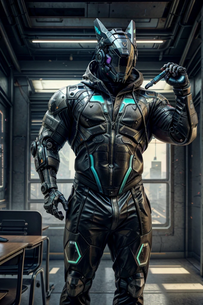 male, (muscular, full nude, only Glowing cyberpunk future helmet, business suit,)  realistic, in classroom, teacher, teaching, 