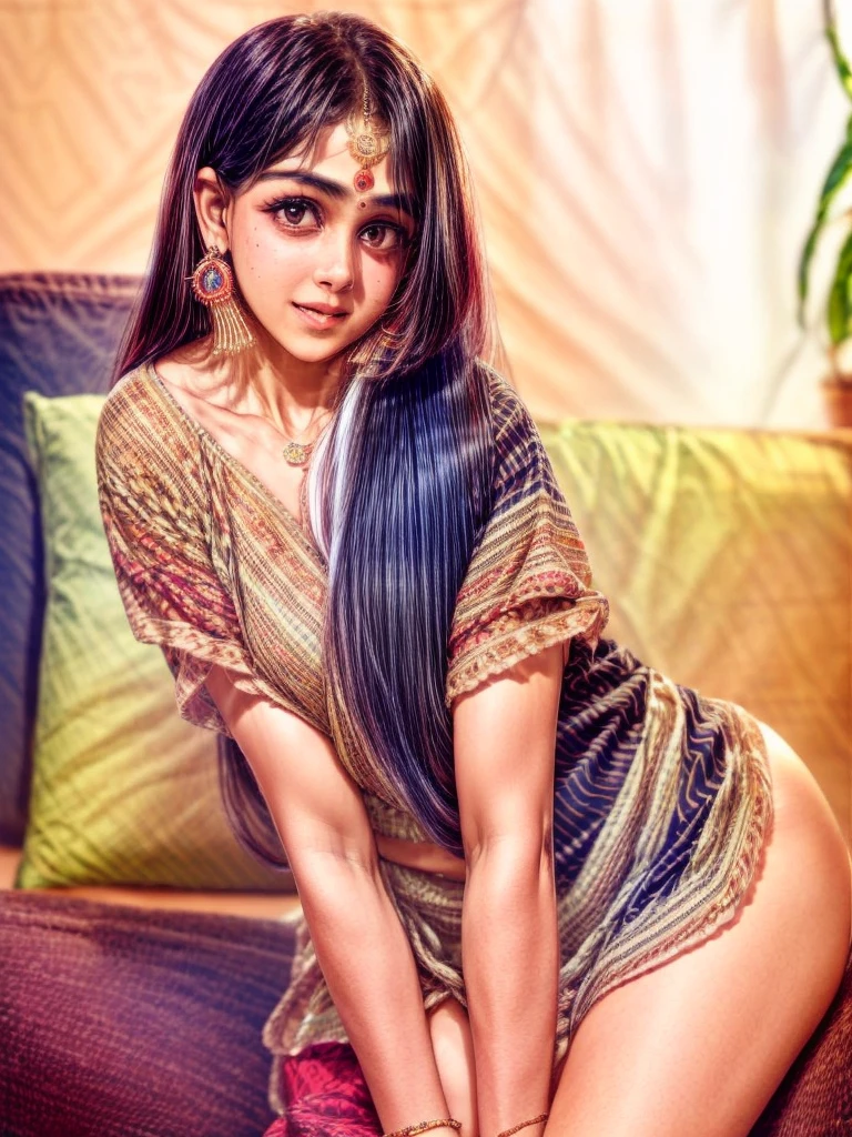 beautiful cute young attractive indian teenage girl, village girl, 18 years old, cute,  Instagram model, long black_hair, colorful hair, warm, dacing, in home sit at  sofa, indian