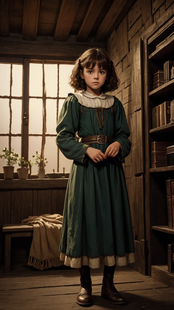 an young 11 year old girl, daughter of severus snape,absurd, RAW photos, extremely delicate and beautiful, masterpiece, best quality, Ultra-high resolution, 32k, Surrealism, Extremely detailed, Perfect body, Tear mole, earrings, Full body shooting, Short Medium black Long Hair, green eyes , curls, ((Practical clothing)), long sleeve pirate top, skirt,torn pirate hat,