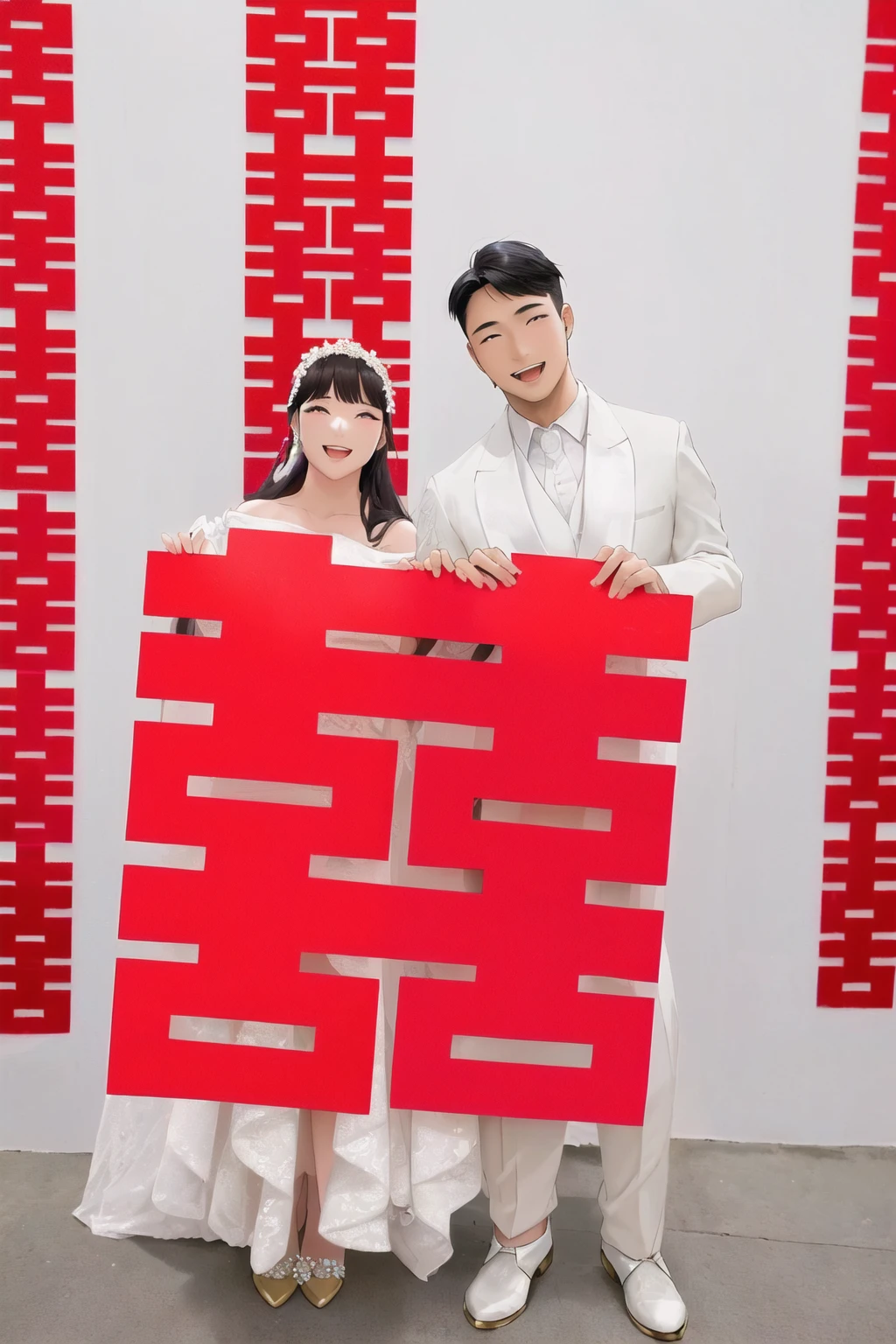 Create an anime-style wedding photo. On the left side, there is a beautiful girl with flowing hair, wearing an elegant wedding dress. On the right side, there is a handsome boy with sharp features, dressed in a stylish suit. They are holding a decorative plaque in front of them, both smiling happily.