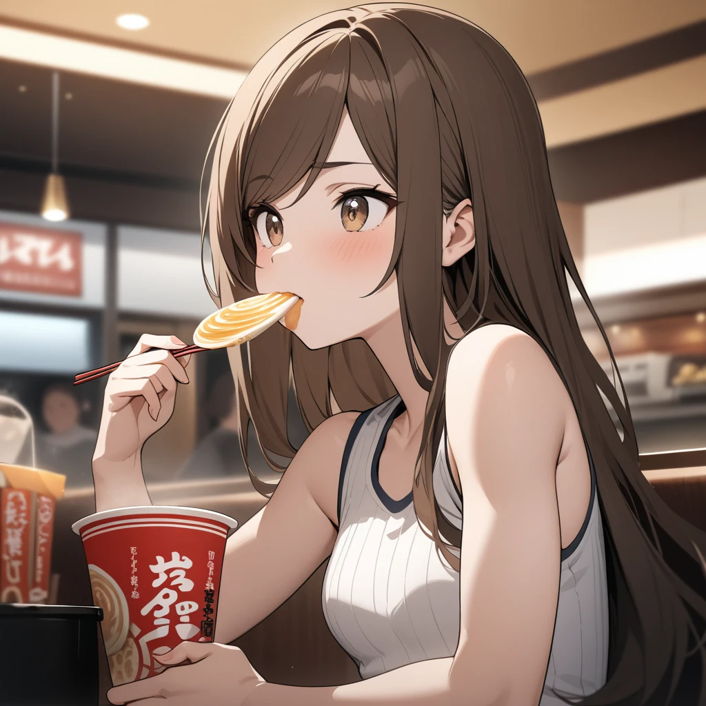  Masterpiece, best quality, eating ramen, close up, young woman with very long brown hair, starry eyed  brown eyes, swept bangs, small breasts, toned arms, ribbed white tank top, jean shorts, restaurant 