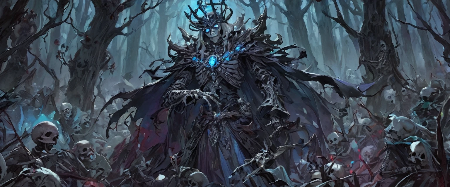 A warlock's patron, an undead king, with glowing blue eyes, in a dark forest, surrounded by a cold, cold color palette, a skeleton army in the background, wearing a bloodstained dress with a blood aura, The flesh is rotting, Skeleton tall 2 meter