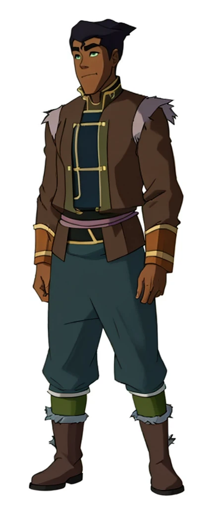 African-American, Bolin, water tribe traditional clothing mixed of blue and purple, with fur in shoulders and neck. Long sleeve, skinny, water tribe outfit. The character is wearing a blue, short-sleeved tunic with gold trim and fastenings down the front and fur collar, and fur on the shoulders. He has on dark purple pants tucked into knee-high boots. A green sash is tied around his waist. The overall style appears to be inspired by traditional East Asian clothing designs. And badass boots 