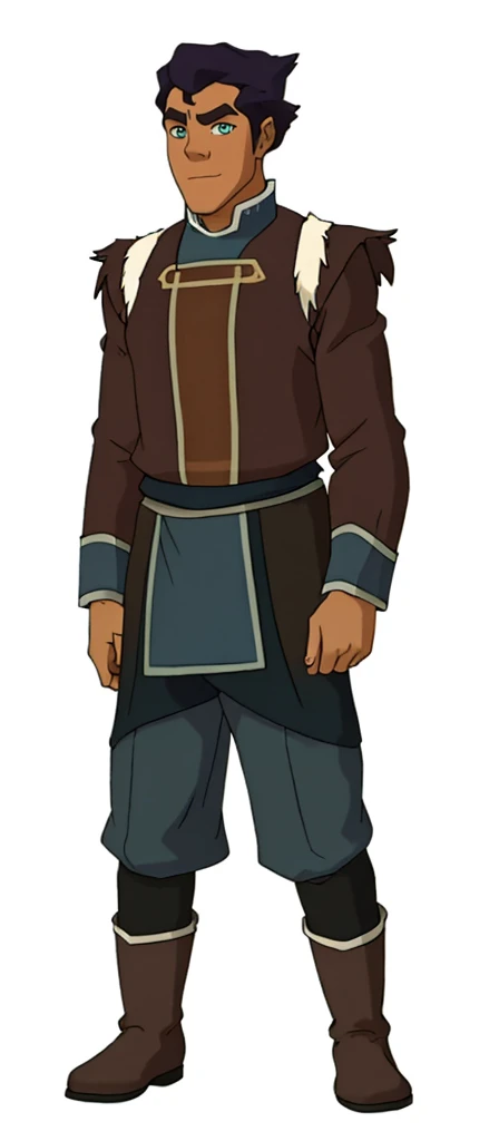 African-American, Bolin, water tribe traditional clothing mixed of blue and purple, with fur in shoulders and neck. Long sleeve, skinny, water tribe outfit. The character is wearing a blue, short-sleeved tunic with gold trim and fastenings down the front and fur collar, and fur on the shoulders. He has on dark purple pants tucked into knee-high boots. A green sash is tied around his waist. The overall style appears to be inspired by traditional East Asian clothing designs. And badass boots 