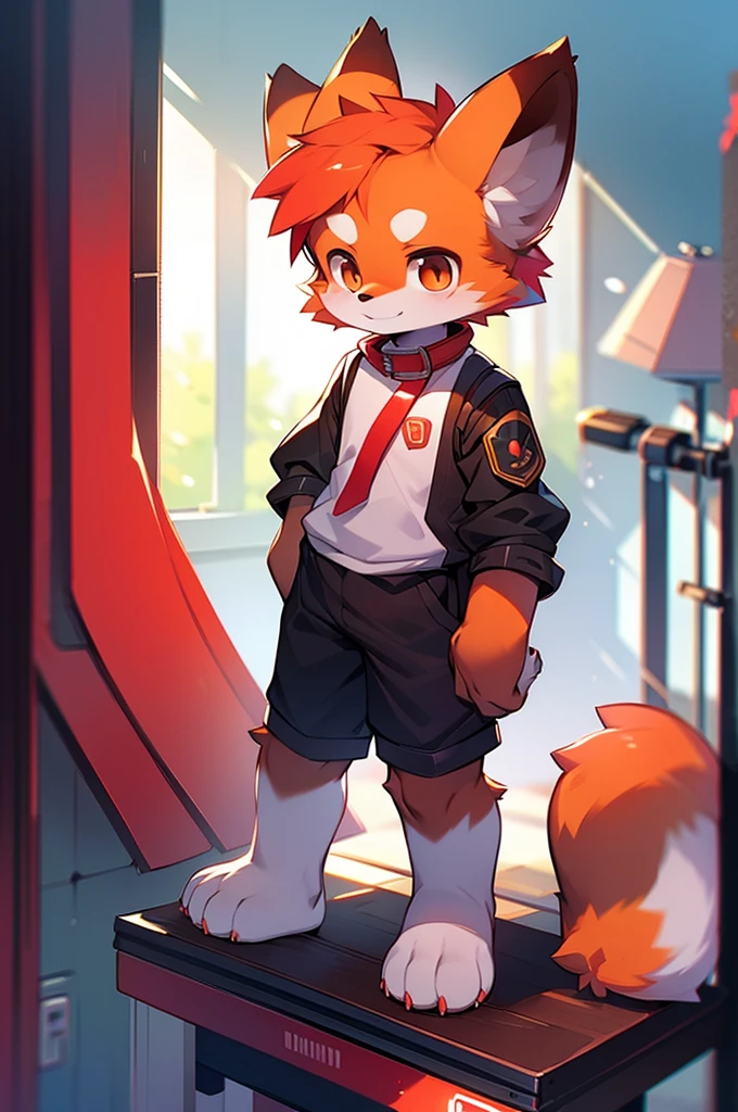Red Panda Boy,8k resolution,Furry, Uniform attire,Red collar,Two legs,Stand on your feet! towering,lanky,lanky,:slim body,:tall