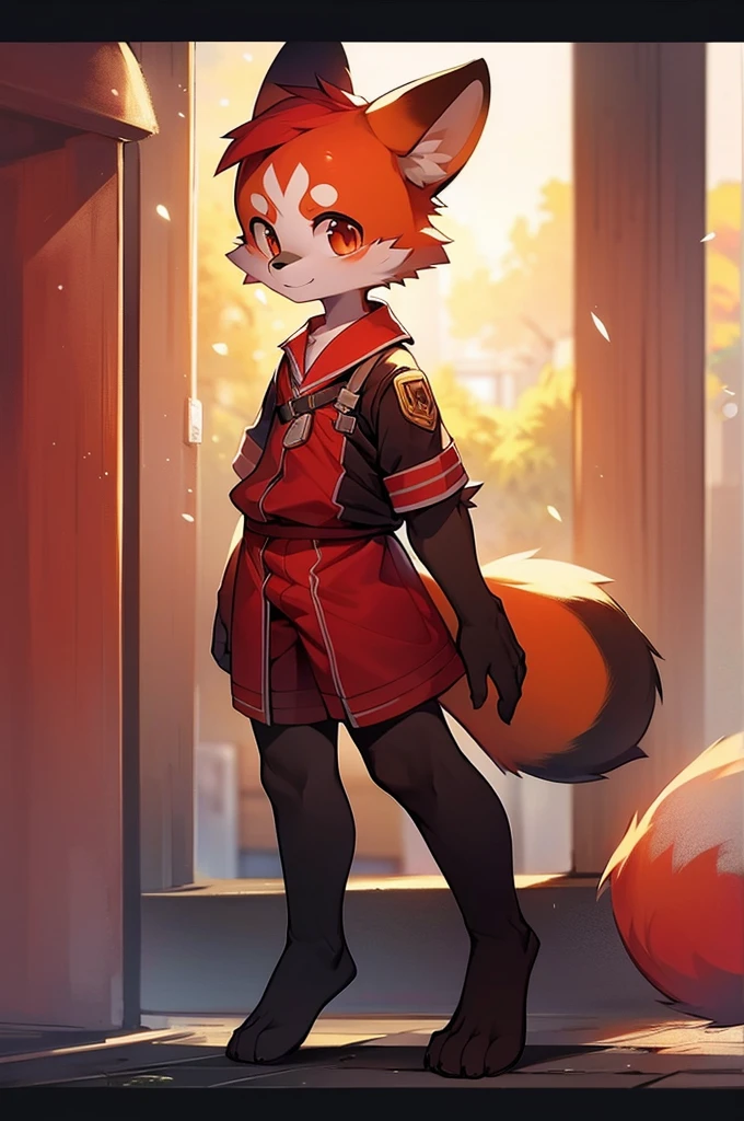 Red Panda Boy,8k resolution,Furry, Uniform attire,Red collar,Two legs,Stand on your feet! towering,lanky,lanky,:slim body,:tall