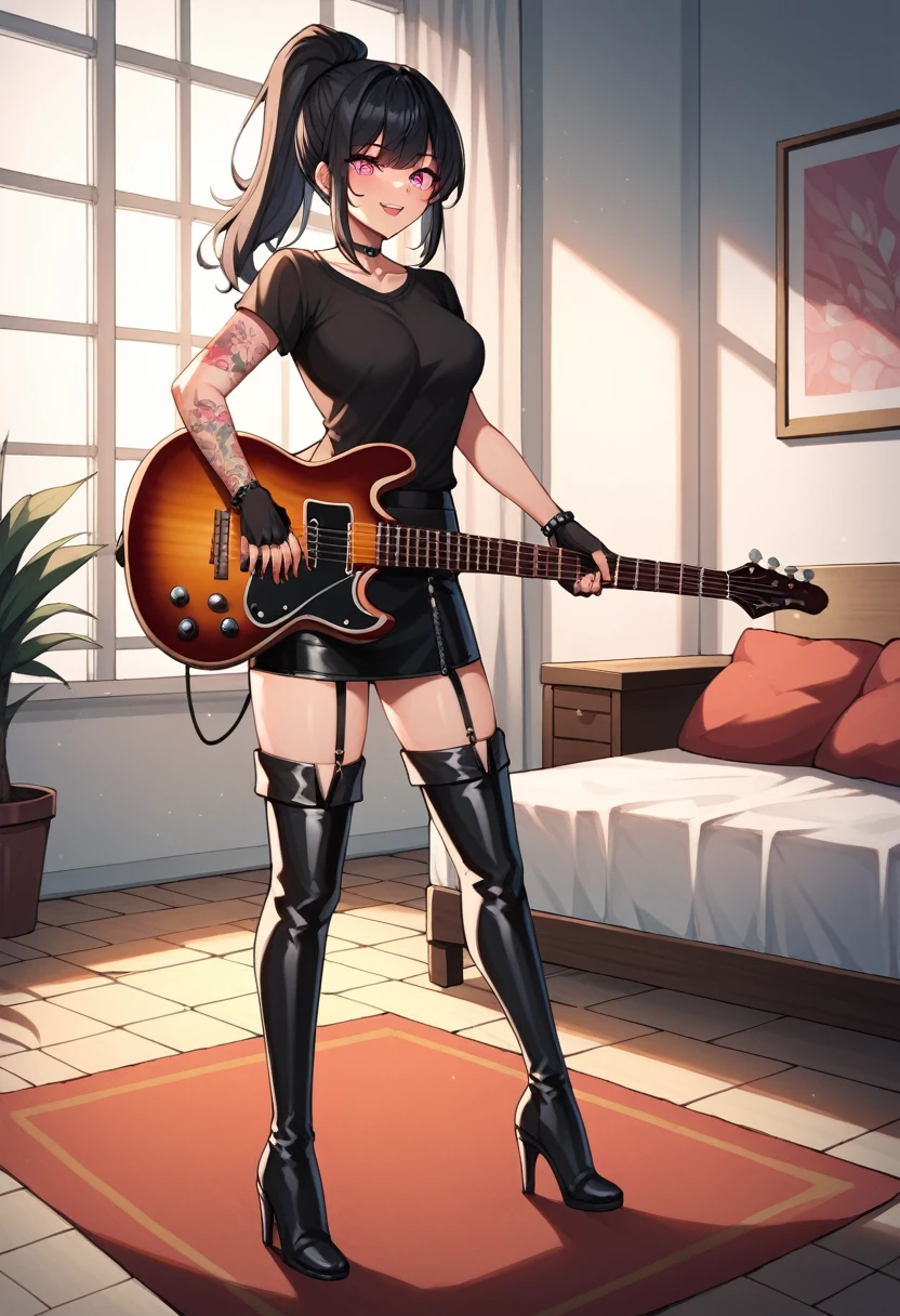 score_9, score_8_up, score_7_up, score_6_up, score_5_up, score_4_up, source_anime, 1woman, стоять на коленях, полный рост, чокер, black hair, ponytail, pink eyes, clean hair, black shirt, leather skirts, black thigh boots, heels, tattoos, electric guitar, колонки, шнур, держать гитару в руках, подключение к колонкам, carpet, leather gloves up to the elbows, rooms, best quality, best res, 4K UHD,