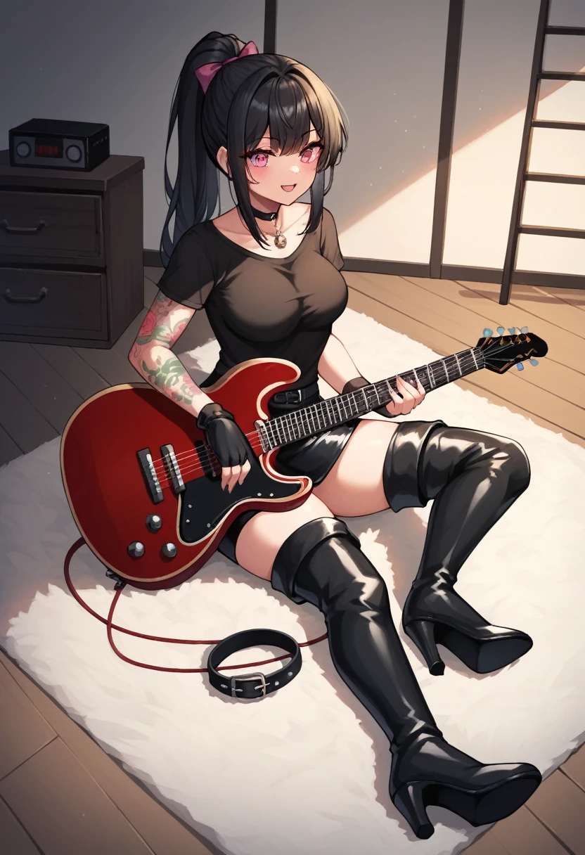 score_9, score_8_up, score_7_up, score_6_up, score_5_up, score_4_up, source_anime, 1woman, стоять на коленях, полный рост, чокер, black hair, ponytail, pink eyes, clean hair, black shirt, leather skirts, black thigh boots, heels, tattoos, electric guitar, колонки, шнур, держать гитару в руках, подключение к колонкам, carpet, leather gloves up to the elbows, rooms, best quality, best res, 4K UHD,
