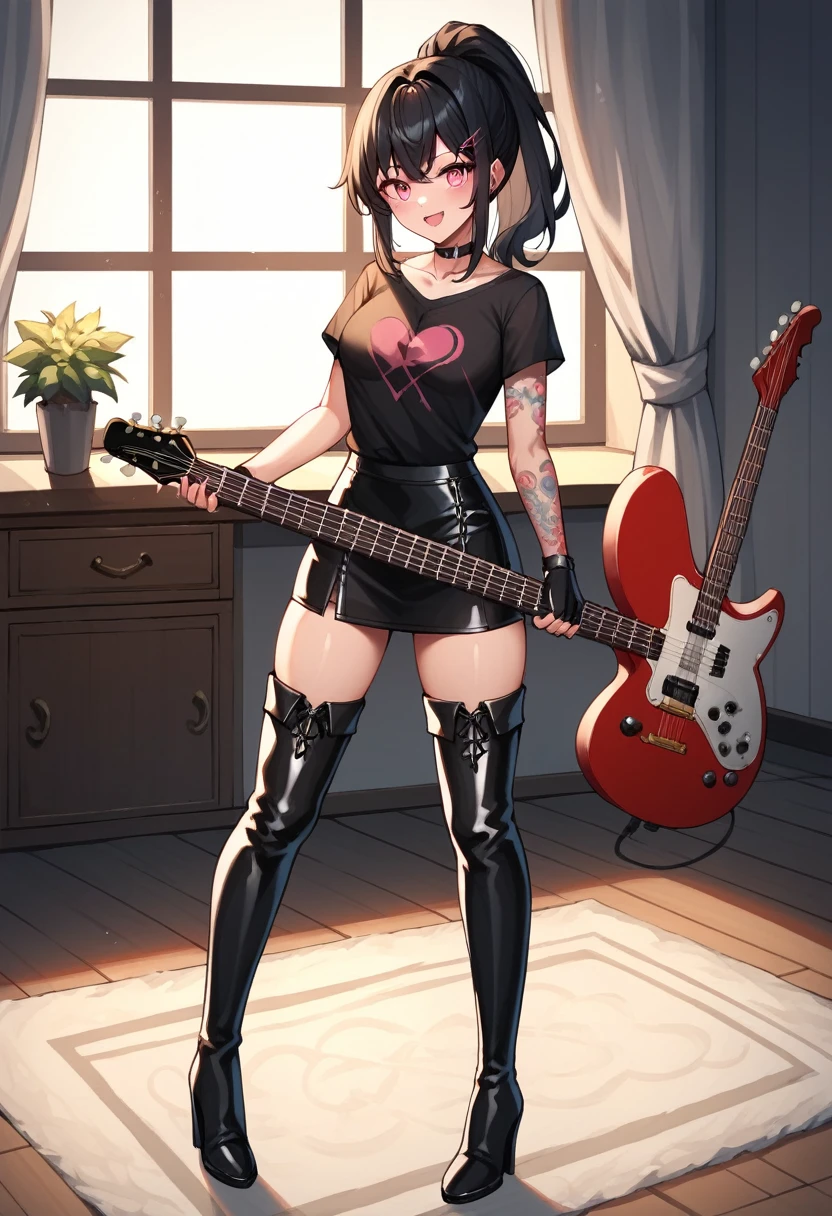 score_9, score_8_up, score_7_up, score_6_up, score_5_up, score_4_up, source_anime, 1woman, стоять на коленях, полный рост, чокер, black hair, ponytail, pink eyes, clean hair, black shirt, leather skirts, black thigh boots, heels, tattoos, electric guitar, колонки, шнур, держать гитару в руках, подключение к колонкам, carpet, leather gloves up to the elbows, rooms, best quality, best res, 4K UHD,