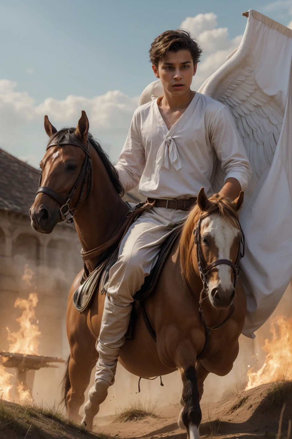 A young male twink, 18 years old, with a cute angel face, with makeup and black hair, wearing a medieval shirt with ties, a v-neck, and long sleeves, aquamarine in color, and white medieval pants. He is on the battlefield, riding on a horse, carrying a sword, and A shield with a burning fire behind it, and he looks angrily as if a horse is galloping