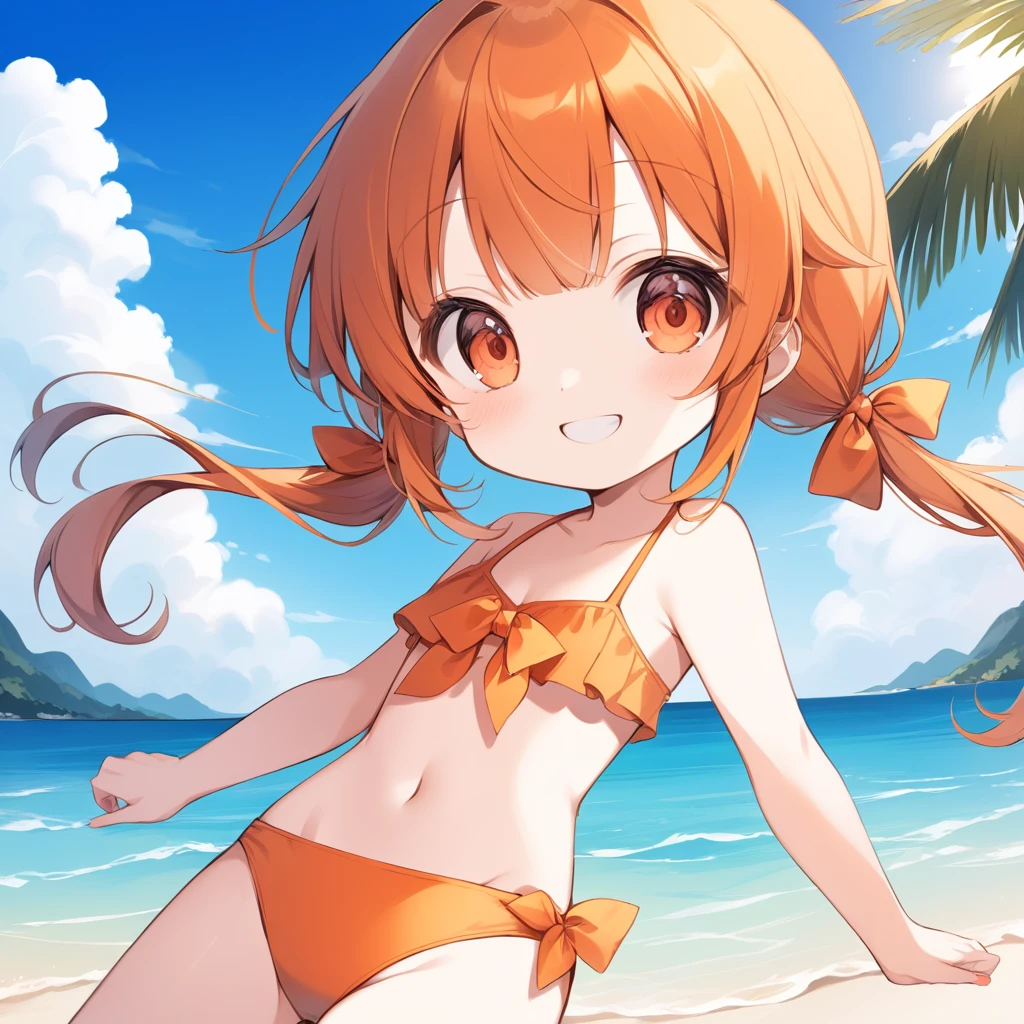 Orange Hair, Orange eyes,girl,Pigtails with both ends tied,smile, Little, in swimsuit,girl一人,Littleキャラ,anime