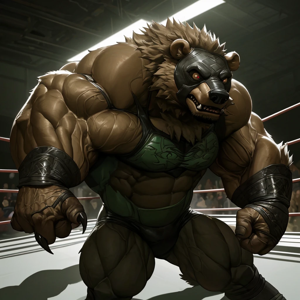 a huge muscular old grizzly bear, bane from batman, extremely detailed, hyper realistic, 8k, photorealistic, ultra detailed, extremely sharp focus, intricate details, cinematic lighting, dramatic shadows, powerful presence, wrestler mask, fierce expression, veins popping, huge muscles, thick fur, sharp claws, intense eyes