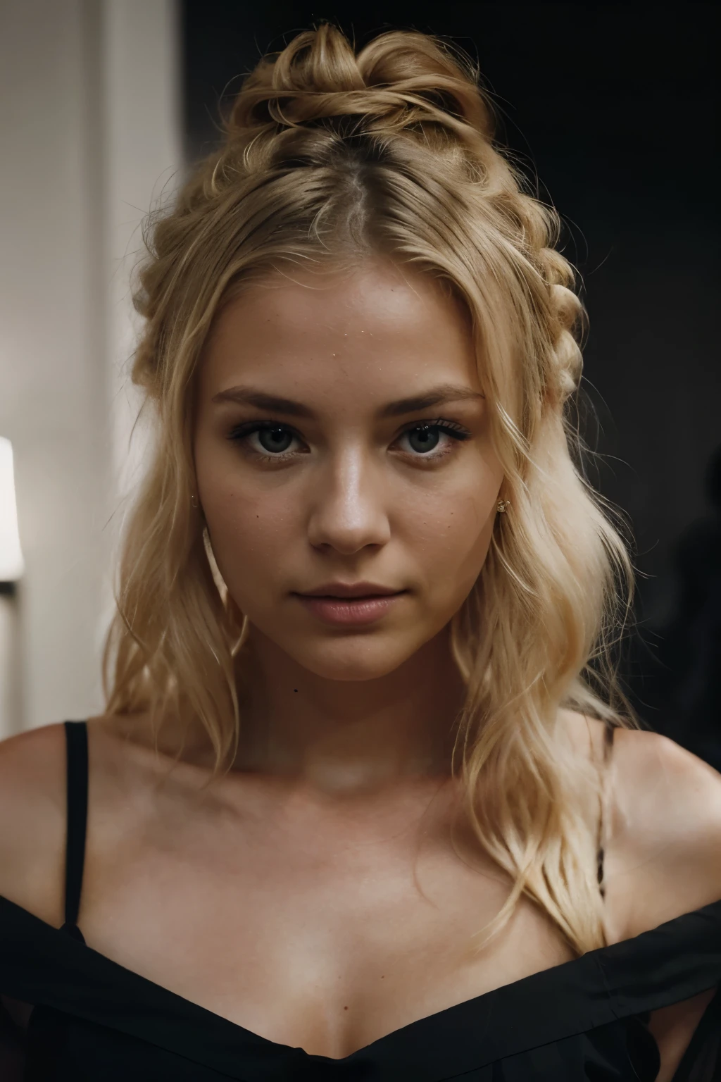 blonde woman making eye contact with hair, gathered in a bun, and dark theme