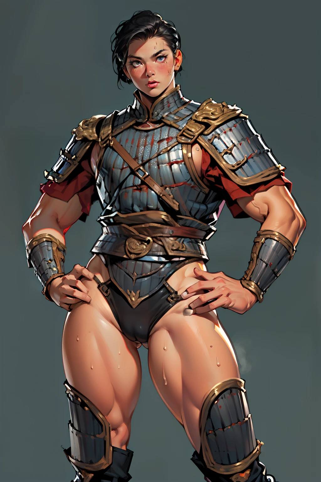 (high resolution, pixel perfect, gorgeous illustrations), (hyper quality, muste piece, etheric: 1.4), ((nsfw)), (((cowboy shot))), face focus, ((solo)), ((1girl)), (female savage), dominatrix, (((sexy pose))), cool atmosphere, black hair, (((((very_short_hair, slicked_back_hair))))), Exquisite face, blush, (((((((muscular_female))))))), (thick thighs, wide hips, Big breasts that are about to burst), fighter, (((wh_chi_armor))), (((leotard armor, highleg))), see through, (((((cameltoe))))), high heel boots, shiny skin, gleaming skin, sweat, simple background,