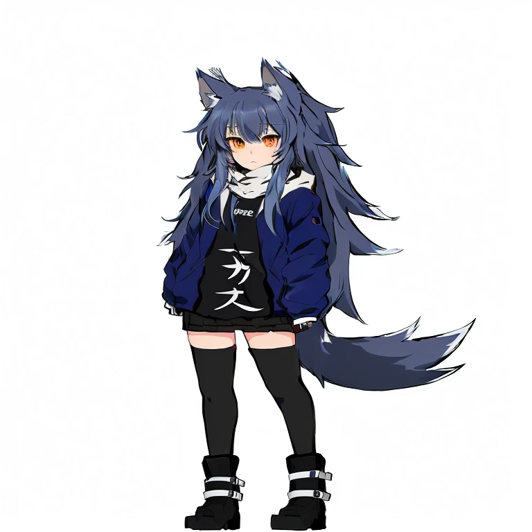 Anime girl with long hair and blue jacket, Holo is a wolf girl, Anime Moe Art Style, Wolf Girl, Wolf Girlならホロ, nyaruko-san, Anthropomorphic female wolf, Anime cat girl, full_body!!, silver eyes full body, mihoyo art style, Anime Monster Girl, cute Anime cat girl