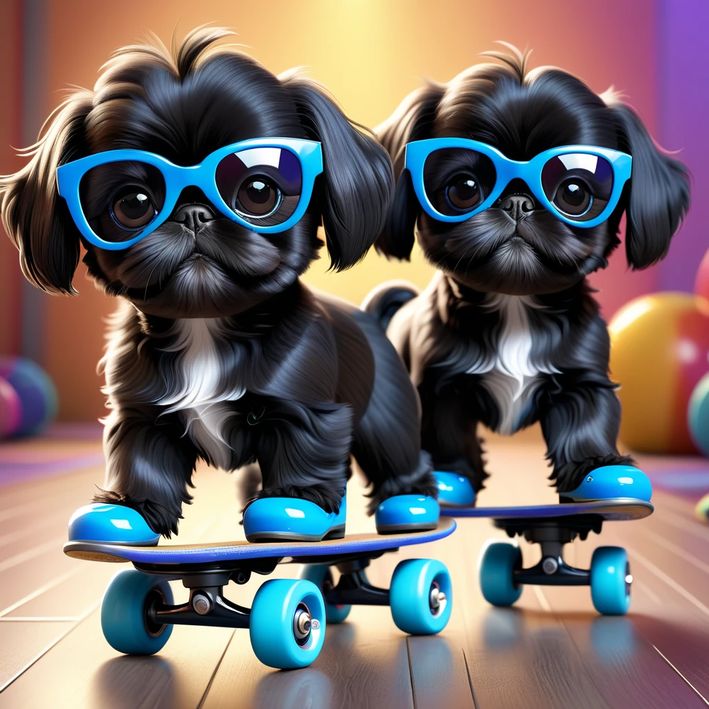 2 adorable small black Shih Tzu puppies wearing blue sunglasses,roller skating,3d cartoon,3d render,disney pixar style,highly detailed,photorealistic,8k,masterpiece,vibrant colors,soft lighting,cute expression,playful,adorable,fluffy,realistic textures,studio lighting,professional photography