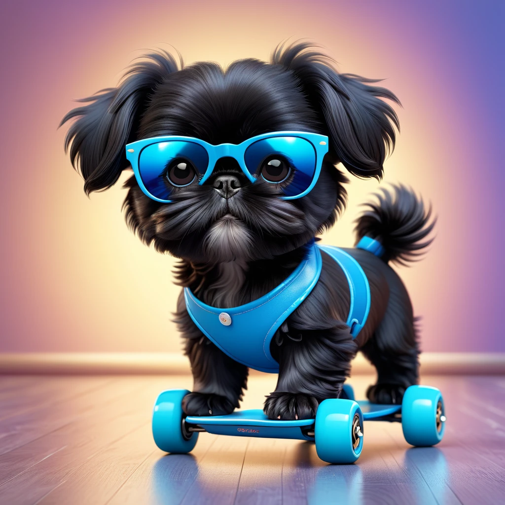 2 adorable small black Shih Tzu puppies wearing blue sunglasses,roller skating,3d cartoon,3d render,disney pixar style,highly detailed,photorealistic,8k,masterpiece,vibrant colors,soft lighting,cute expression,playful,adorable,fluffy,realistic textures,studio lighting,professional photography
