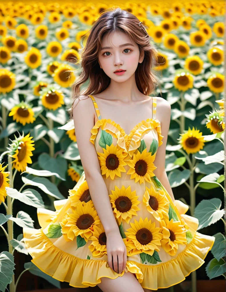 (best quality, masterpiece:1.2),ultra detailed,(photo realistic:1.4),solo,cute girl,20yo,lite smile,one-piece dress,sunflower_background, <lora:Sunflower_v1:0.4> ,