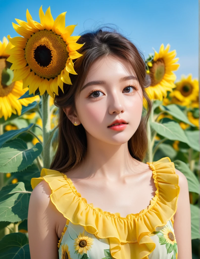 (close up face:0.7), dynamic angle, ultra detailed beautiful photograph, ultra intricate, pastel color, (a lot of frills), The frilly dress with a sunflower motif emits a brightness as if it is wearing the summer sunshine. The dress is decorated with yellow and green frills like sunflower petals, which sway lightly with every movement. A large sunflower is painted in the center of the dress