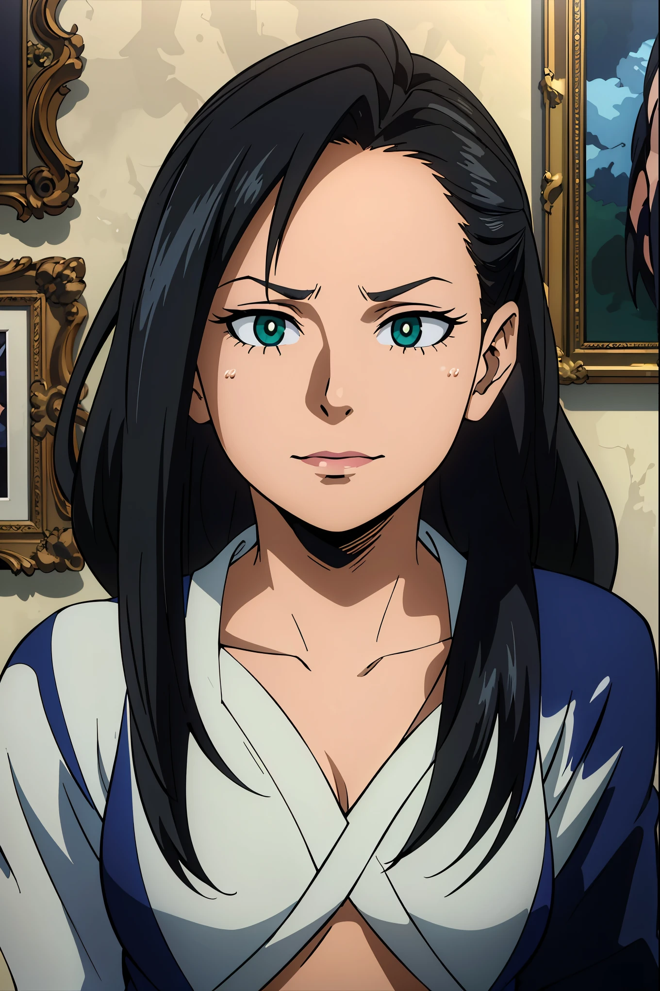 a 50 year old woman, black long hair, green eyes, middle aged appearance, some wrinkles, mother's face, happy face,  in a house, wearing simple clothes , (photo frame photo), detailed face, detailed eyes, detailed lips, cinematic lighting, dramatic lighting, my hero academy art style , boku no hero art , oil painting, high quality, masterpiece, extremely detailed, vibrant colors, chiaroscuro lighting, dramatic composition, atmospheric, ethereal, elegant, serene