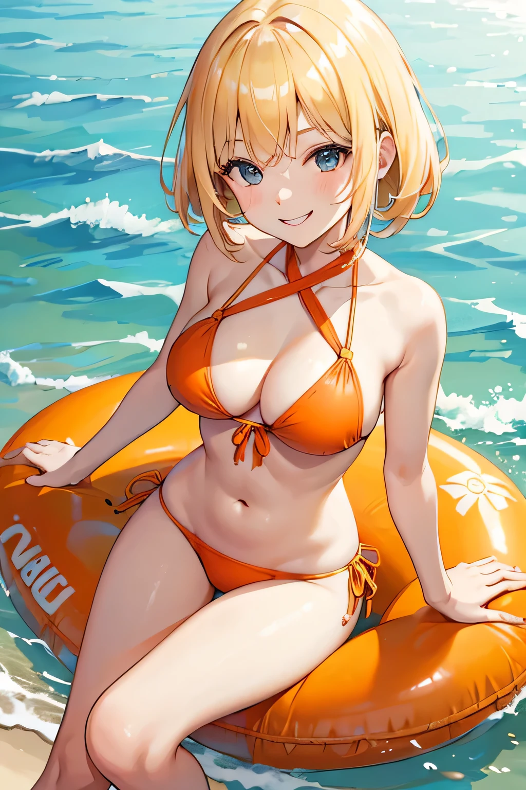 Young, blonde haired girl, medium breasts, orange bikini swimsuit, on beach, smiling, smile