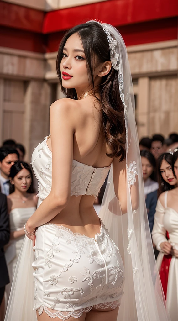 young woman in wedding dress, thin, open shoulder, Transparent openwork lace fabric, skin to skin, TRANSPARENT, huge breasts, Large breast enlargement, ร่างกายท่ผอมthin, narrow waists, nice ass, long, Slender thighs, Bridal veil, short skirt, Do not wear underwear, smooth eyes, gentle smile, beautiful make-up, bright red lips, Background of the wedding ceremony