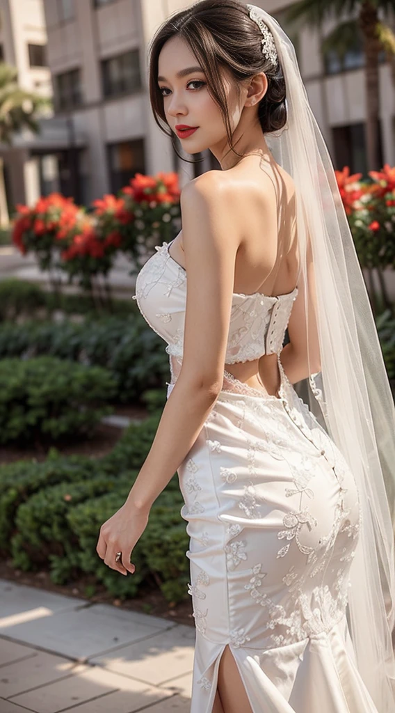 young woman in wedding dress, thin, open shoulder, Transparent openwork lace fabric, skin to skin, TRANSPARENT, huge breasts, Large breast enlargement, ร่างกายท่ผอมthin, narrow waists, nice ass, long, Slender thighs, Bridal veil, short skirt, Do not wear underwear, smooth eyes, gentle smile, beautiful make-up, bright red lips, Background of the wedding ceremony