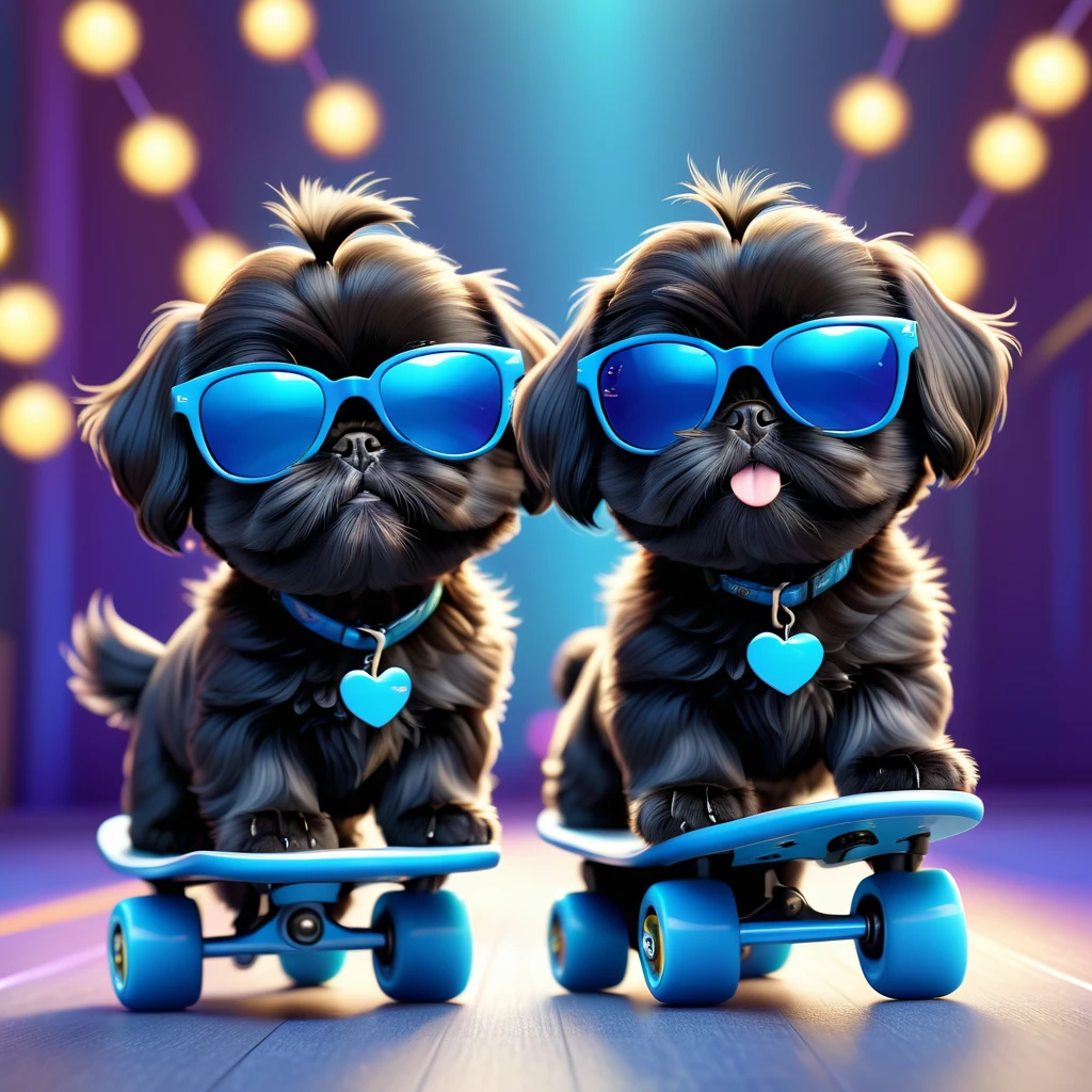 2 adorable small black Shih Tzu puppies wearing blue sunglasses,roller skating,3d cartoon,3d render,disney pixar style,highly detailed,photorealistic,8k,masterpiece,vibrant colors,soft lighting,cute expression,playful,adorable,fluffy,realistic textures,studio lighting,professional photography
