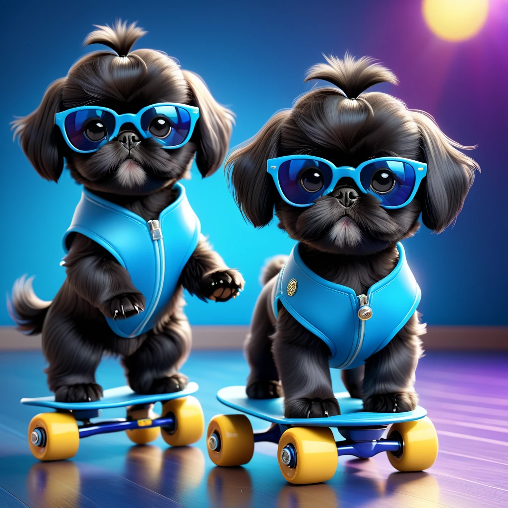 2 adorable small black Shih Tzu puppies wearing blue sunglasses,roller skating,3d cartoon,3d render,disney pixar style,highly detailed,photorealistic,8k,masterpiece,vibrant colors,soft lighting,cute expression,playful,adorable,fluffy,realistic textures,studio lighting,professional photography