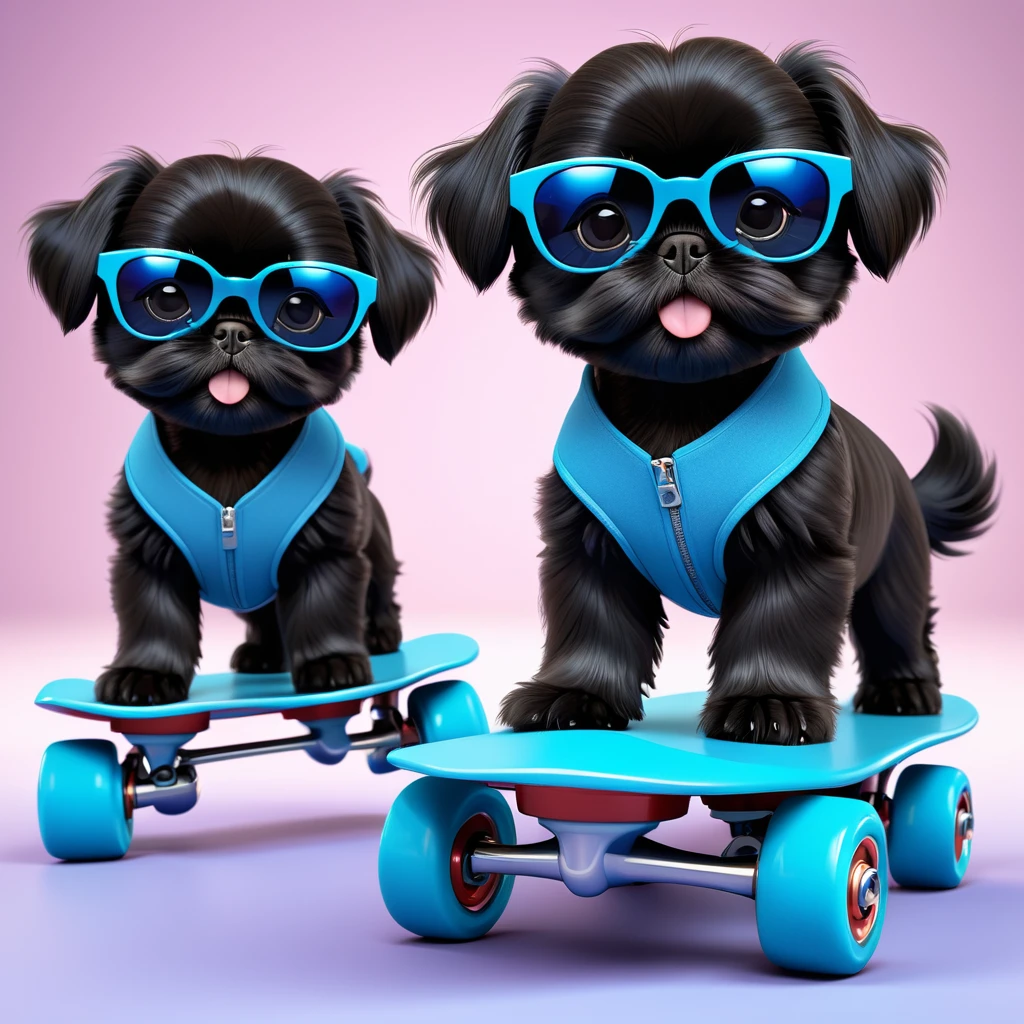 2 adorable small black Shih Tzu puppies wearing blue sunglasses,roller skating,3d cartoon,3d render,disney pixar style,highly detailed,photorealistic,8k,masterpiece,vibrant colors,soft lighting,cute expression,playful,adorable,fluffy,realistic textures,studio lighting,professional photography