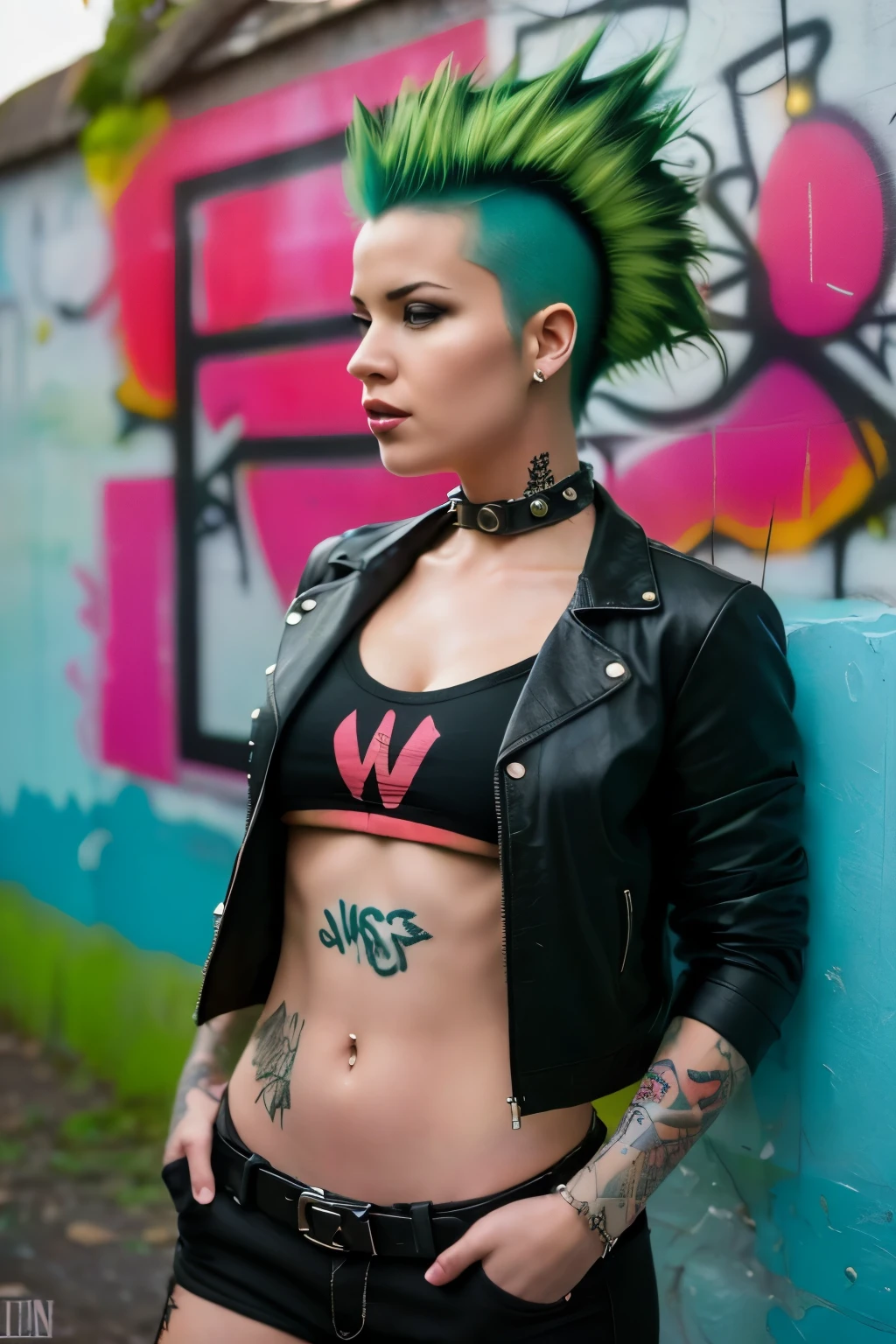 (work of art, best qualityer:1.2), 1 girl ,intrincately detailed, "Punk Girl", in dynamic pose, ((smohawk hair, Green punk hair, Spike hair, wearing a black jacket, Rocket style, tattooed , hot body, abs)) . Shallow depth of field, vignette, highy detailed, high budget, bokeh, cinemascope, temperamental, epic, marvelous, film grain, grainy. ((Abandoned grafitti wall background)).