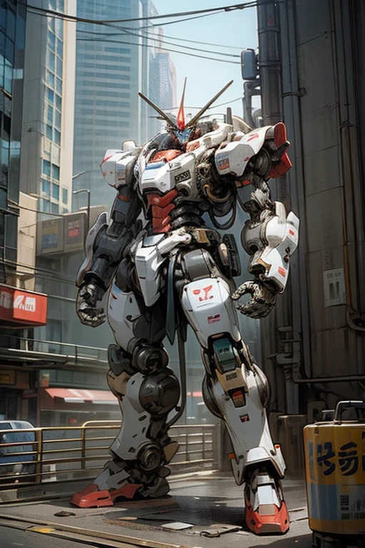 A robot with a toilet bowl as its head,Super Robot,Hero,Giant Robot,Standing in a big city,Retro,80s Anime,There&#39;s a toilet on his chest