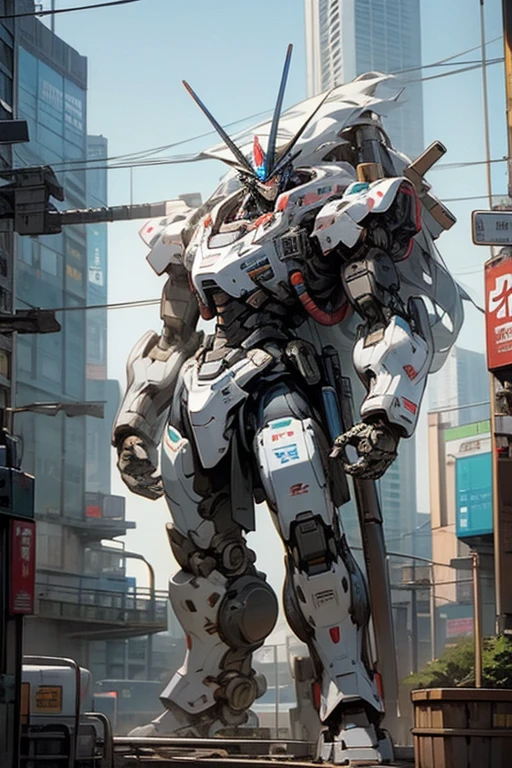 A robot with a toilet bowl as its head,Super Robot,Hero,Giant Robot,Standing in a big city,Retro,80s Anime,There's a toilet on his chest