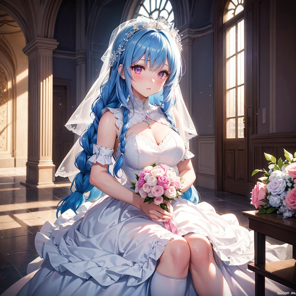 Sky Blue Medium Hair, (Braided Hair),(Pink Eyes),Fair skin ,(whole body),(1 girl),bride,blush,Straight bangs, 6月のbride,Wedding dress,(masterpiece, Highest quality, Very detailed, Best Shadow), (Detailed Background), (Beautifully detailed face), High Contrast, (Best lighting, Very delicate and beautiful), ((Cinematic Light)), colorful, Hyper Detail, Dramatic Light, Intricate details,Wedding hall,