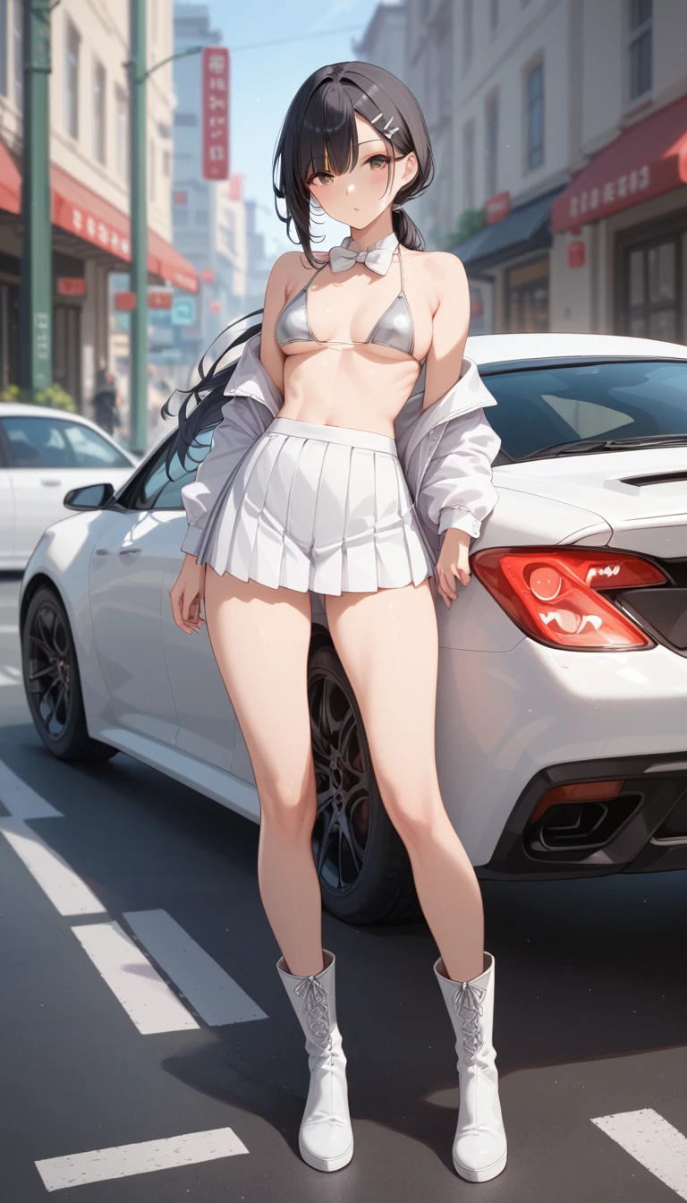 nsfw:1.0, ((Full Body Shot:1.0)),(one mature female lady, black hair, long low ponytail hair, cseparated bangs, hair pins, huchu, slim body, small-medium breast, silver bikini top, white bow tie, white pleated mini skirt, white boots, blurred background, standing in front of luxury sports car)
