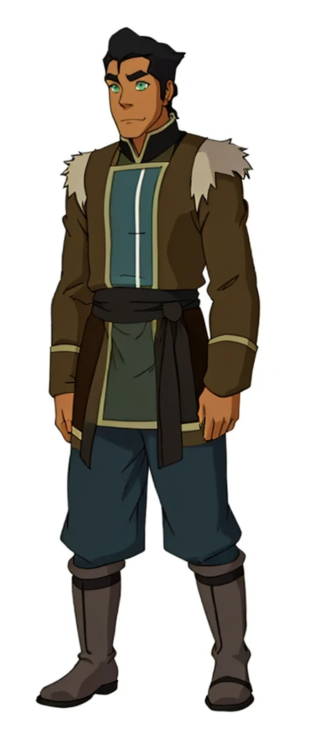 African-American, Bolin, water tribe traditional clothing mixed of blue and purple, with fur in shoulders and neck. Long sleeve, skinny, water tribe outfit. The character is wearing a blue, short-sleeved tunic with gold trim and fastenings down the front and fur collar, and fur on the shoulders. He has on dark purple pants tucked into knee-high boots. A green sash is tied around his waist. The overall style appears to be inspired by traditional East Asian clothing designs. And badass boots