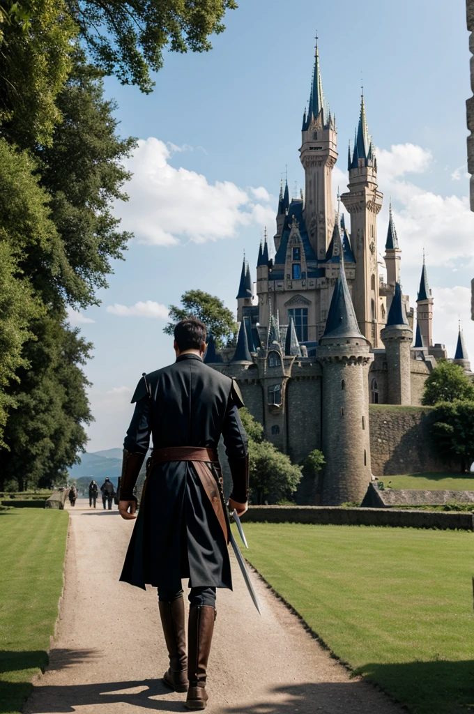 A man with a sword walking towards a castle