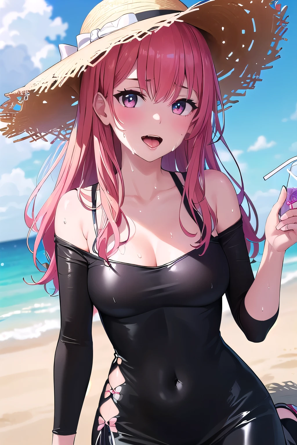 (8K, top-quality, masterpiece:1.2), (reallistic, Photorealsitic:1.37), Super Detail, One girl,), (Highly detailed), (beautifully detailed eyes), (of the highest quality), (super detailed ), (masterpiece), (Detailed face),20yr old, ,1 girl, ((pink hair,long hair)), medium breasts, clothed, Perfect Lighting, BREAK, (black glossy tight dress:1.5), (long skirt:1.3), (embroidered hem:1.2), (Black high-gloss tights: 1.3), (white sandals:1.2), (straw hat:1.5), (white ribbon:1.3), (summer:1.4), (lightweight fabric:1.2), BRAKE, (upper body to thighs:1.2), (long pink hair:1.3), (gentle smile:1.2), (face slightly up:1.2), (holding a straw hat:1.2), (white background:1.2), BRAKE (sweat:1.5), (steam:1.2), (girl trembling with sexual climax:1.1), (looking at viewer:1.3), (open mouth, long tongue, tongue out:1.2),