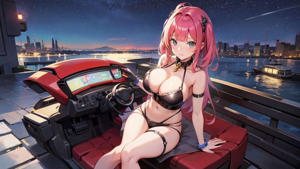 make anime girl in night, girl have big tits, she is siting on the car