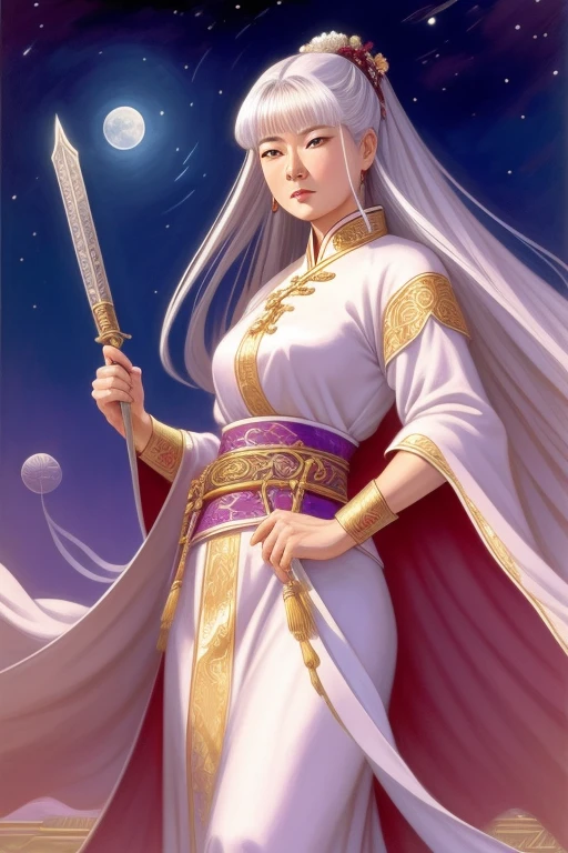 SFW,master part, better, natta, fullmoon, 1 female, mature woman, chinese style, ancient China, eldest sister, Royal Sister, cara fria, no expression, Woman with long silvery white hair, Pale pink lips, Tranquil, intellectual, Three Belts, Hitomi Cinza, murderous, dagger, Flower ball background, streetview,Similar art John Buscema