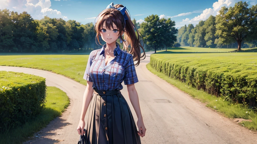 1girl, solo, full body, rural landscape, village, trees, sun, clouds, fantasy, brown hair, ponytail, large breasts, button down shirt, ((blue checked shirt)), ((short sleeved shirt)), ((unbuttoned shirt)), unbuttoning buttons, cleavage 1:3, shirt tied under chest, belly, blue eyes, dark skirt, smile, looking at the viewer, standing, hair ribbon, golden necklate