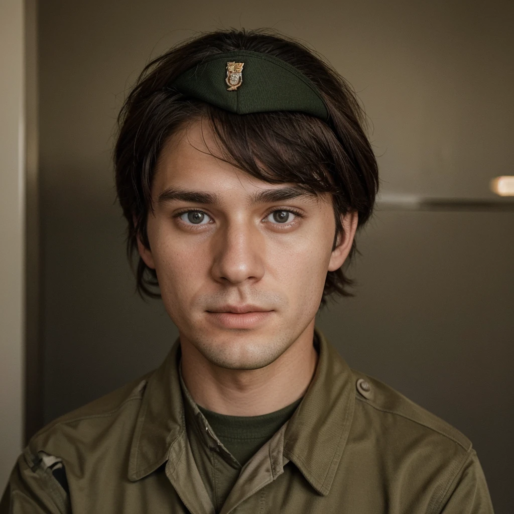 A photo of a 30 year old man wearing an Australian military uniform. Yearbook photo style