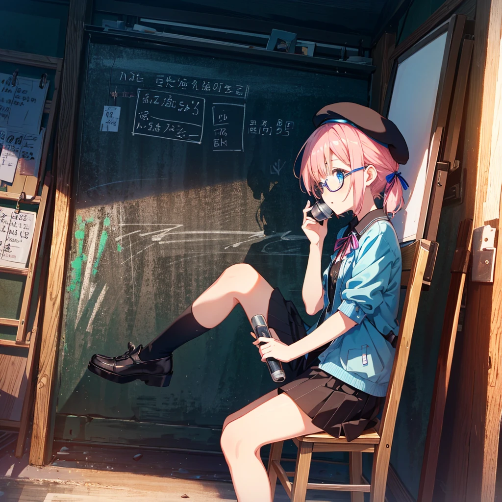 Dynamic angle, 7 years old, short hair, pink hair, short ponytail, blue ribbon, cute glasses, beret, wearing a cute short-sleeved jacket, (girl with clapperboard), (clapperboard: 1.2), folding sitting on a chair, legs