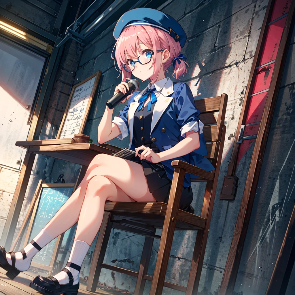 Dynamic angle, 7 years old, short hair, pink hair, short ponytail, blue ribbon, cute glasses, beret, wearing a cute short-sleeved jacket, (girl with clapperboard), (clapperboard: 1.2), folding sitting on a chair, legs
