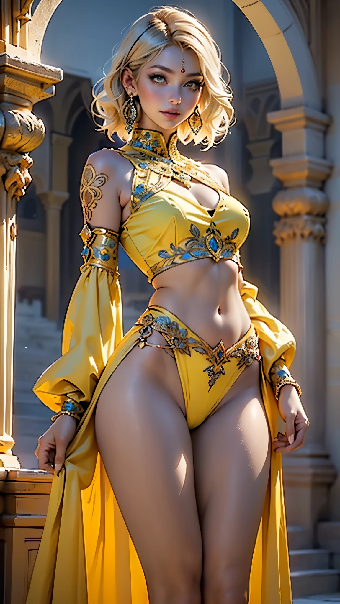 ((((indian girl)))),

girl,((yellow_body:1.3,yellow_face:1.3, completely yellow_skin:1.3)),(large breasts:1.4),saggy breasts,((((yellow hair)))),(((yellow_eyes:1.3))),intricate eyes,beautiful detailed eyes,symmetrical eyes,(((lustrous skin:1.5,bright skin: 1.5,shiny skin,very shiny skin,shiny body))),(spider lower abdomen,narrow waist,wide hip,bimbo body,inflated legs,thick thighs,delicate detailed fingers),((hand consists of a short thumb and four fingers,hand with just five fingers,(detailed face))),

(cute,slutty,sensual,seductive look,seductive,((erotic)),opulent,sumptuous,longingly,(nsfw)),

(arabian clothes, harem outfit, arabian dancing girl, belly dancer outfit, sex slave, jewelry, sheer loincloth, pelvic curtain, midriff, bracelets,),(arabian jewelry,intricate necklace),(((intricate outfit,intricate clothes))),(((intricate outfit,intricate clothes,embroidered outfit,ornate outfit))),

(dynamic pose:1.0),embarrassed,(centered,scale to fit dimensions,Rule of thirds),

inside,indoor,((palace in Arabia, palace in Arabia background)),scenery:1.25,((intricate scenery)),

(Glossy winter ornaments),highres,sharp focus,(ultra detailed,extremely detailed),(photorealistic artwork:1.37),(extremely detailed CG unity 8k wallpaper),(((vibrant colors,vibrant theme))),(intricate),(masterpiece),(best quality),artistic photography,(photography taken by sldr),(intricate background),perfect rendered face,perfect face details,realistic face,photo realistic,((intricate detail)),(((realism))),
