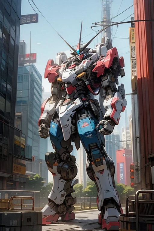 A robot with a toilet bowl as its head,Super Robot,Giant Robot,Standing in a big city,Retro,80s Anime,There's a toilet on his chest