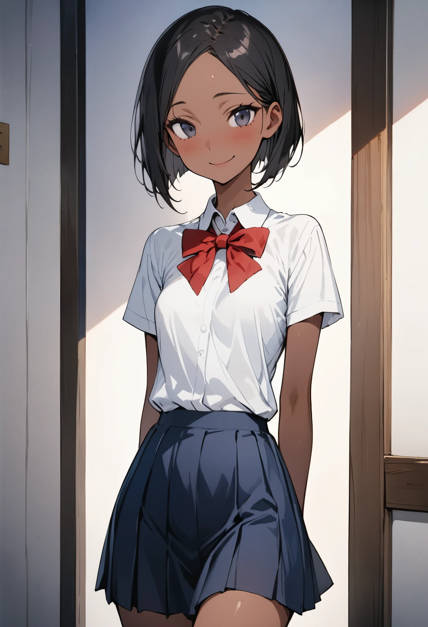 ((masterpiece,Highest quality:1.3,best quality illustration)),cowboy shot,独奏,1woman,18 year old beautiful girl、black hair,short bob hair,(center parted bangs),black eyes,(gorgeous eyes),shy,smile,((Slender,skinny)),(tan skin),small breasts,(Collared short-sleeved shirt、red bowtie,Navy blue pleated mini skirt),gleaming skin,oily skin,Slender body, Simple bedroom、Tokyo、